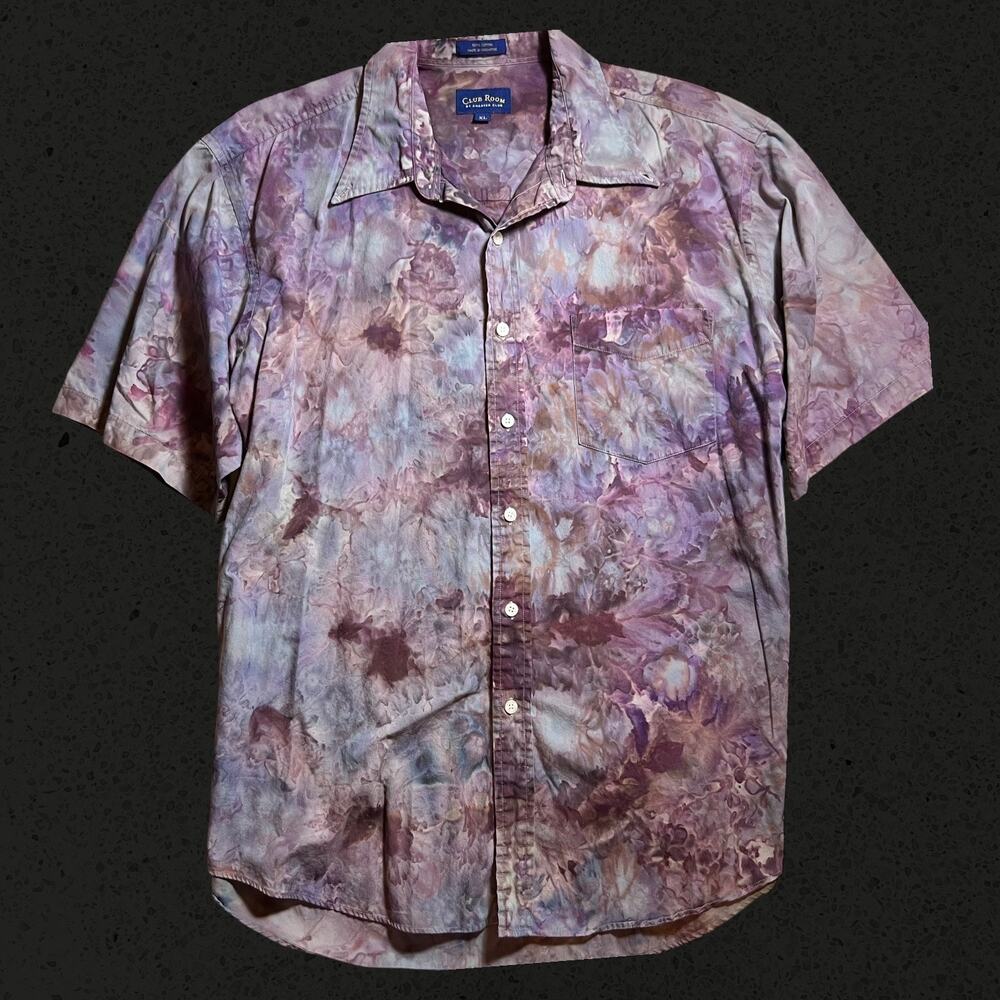 Men's XL Purple Tie Dye Short Sleeve Relaxed Fit Button Down Shirt Festival Rave